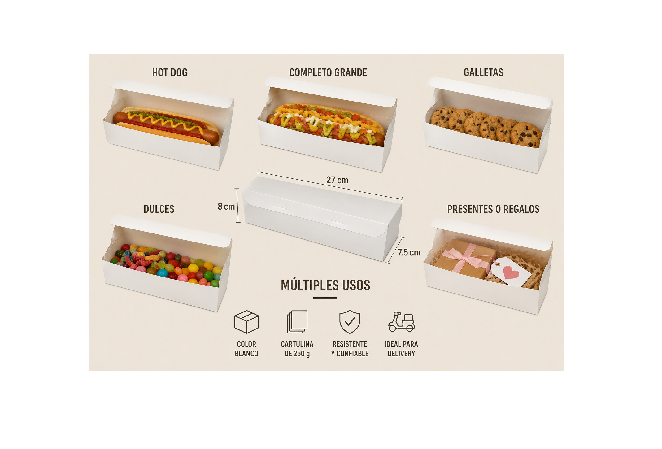 Caja Blanca Plegable 27 x 7.5 x 8 cm para Delivery, Regalos y Alimentos (100 Unidades) 3