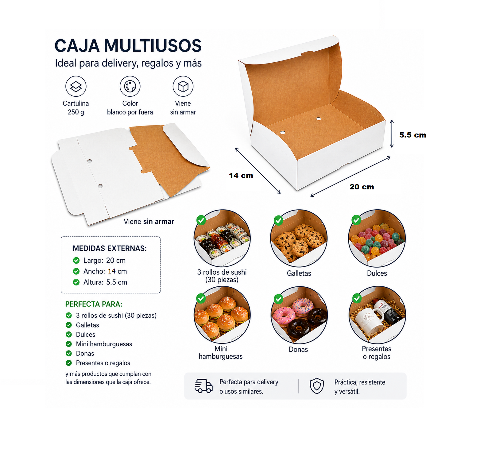Caja Multiusos Blanca para Delivery y Regalos – 20 × 14 × 5.5 cm (100 Unidades) 1