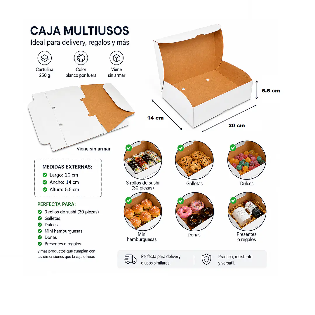 Caja Multiusos Blanca para Delivery y Regalos – 20 × 14 × 5.5 cm (100 Unidades) 1