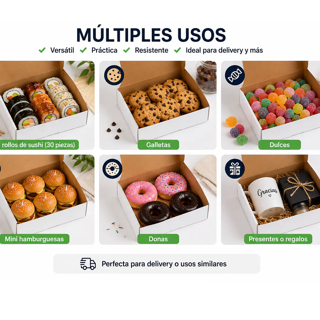 Caja Multiusos Blanca para Delivery y Regalos – 20 × 14 × 5.5 cm (100 Unidades) 2