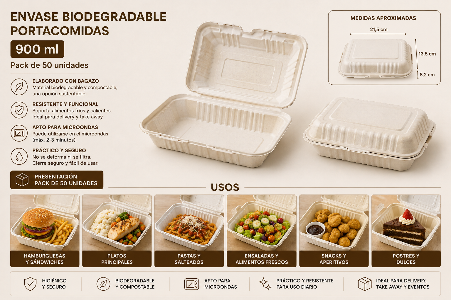 Envase Biodegradable / Porta Colación / Comidas (50 Uds) 2