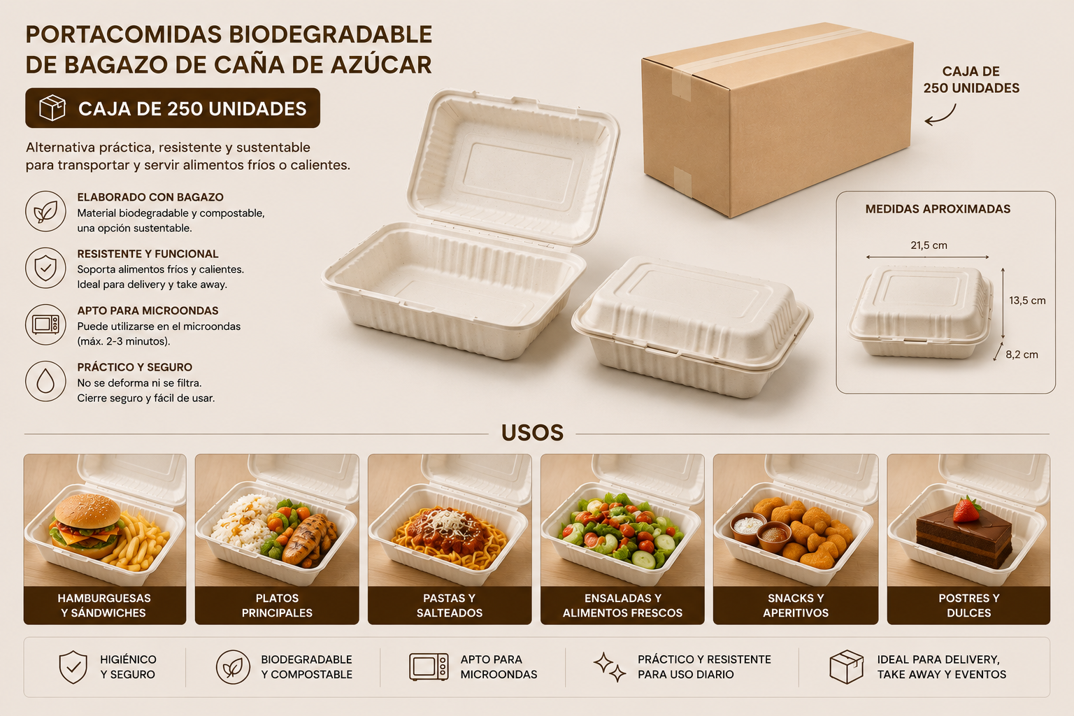 Envase Biodegradable / Porta Colación / Comidas (Caja 250 Unidades) 1