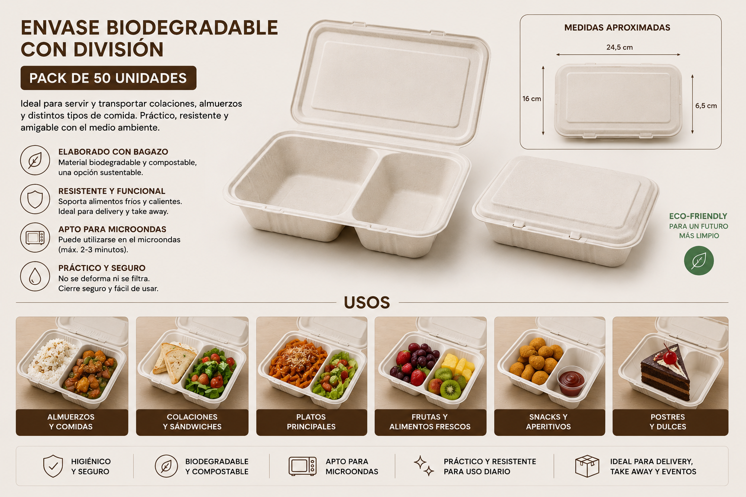 Envase Biodegradable con División (50 Unidades) 2