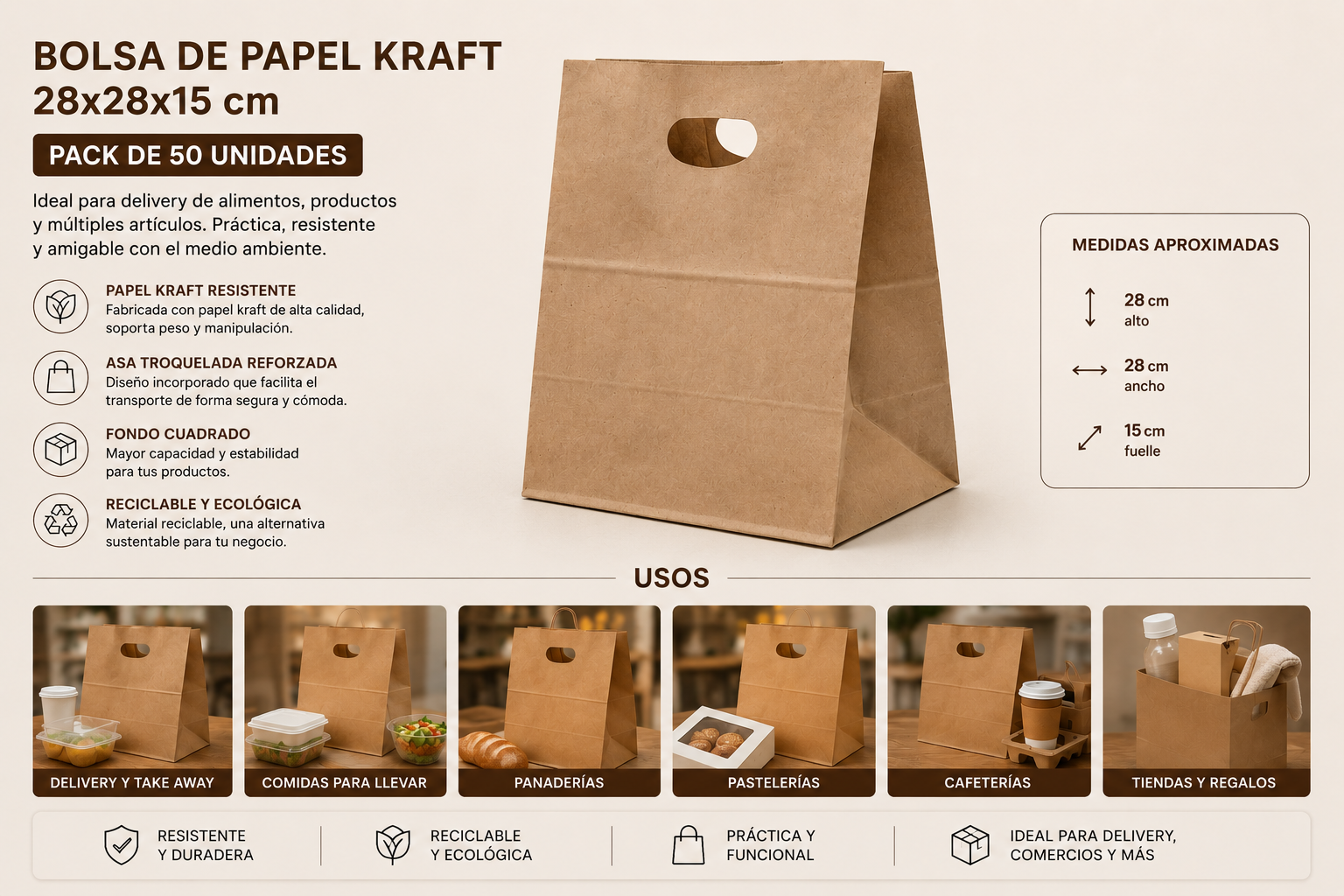 Bolsa Papel Kraft 28x28x15 Cm (50 Unidades)  2