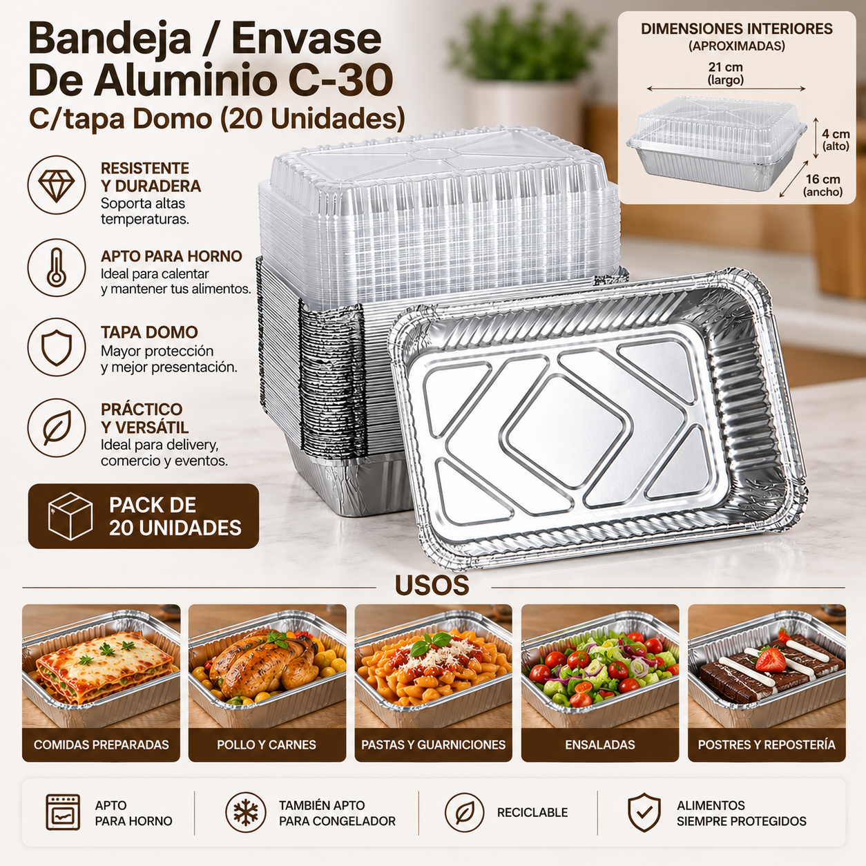 Bandeja / Envase De Aluminio C-30 C/tapa Domo (20 Unidades) 2
