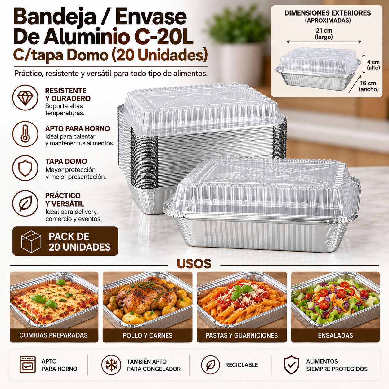 Bandeja / Envase De Aluminio C-20l C/tapa Domo (20 Unidades) 1