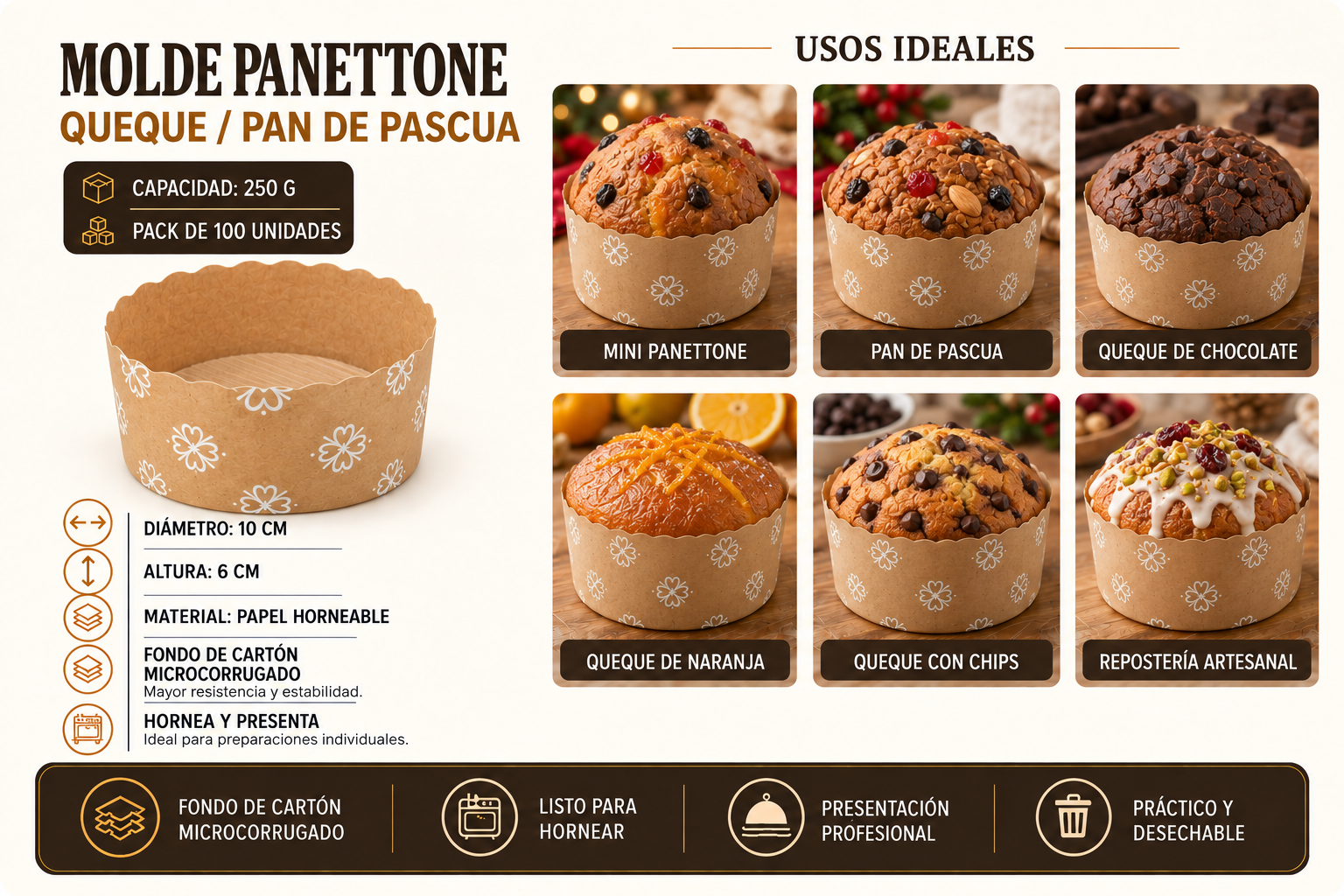 Molde Panettone / Queque / Pan De Pascua 250 Grs (100 Unid) 2