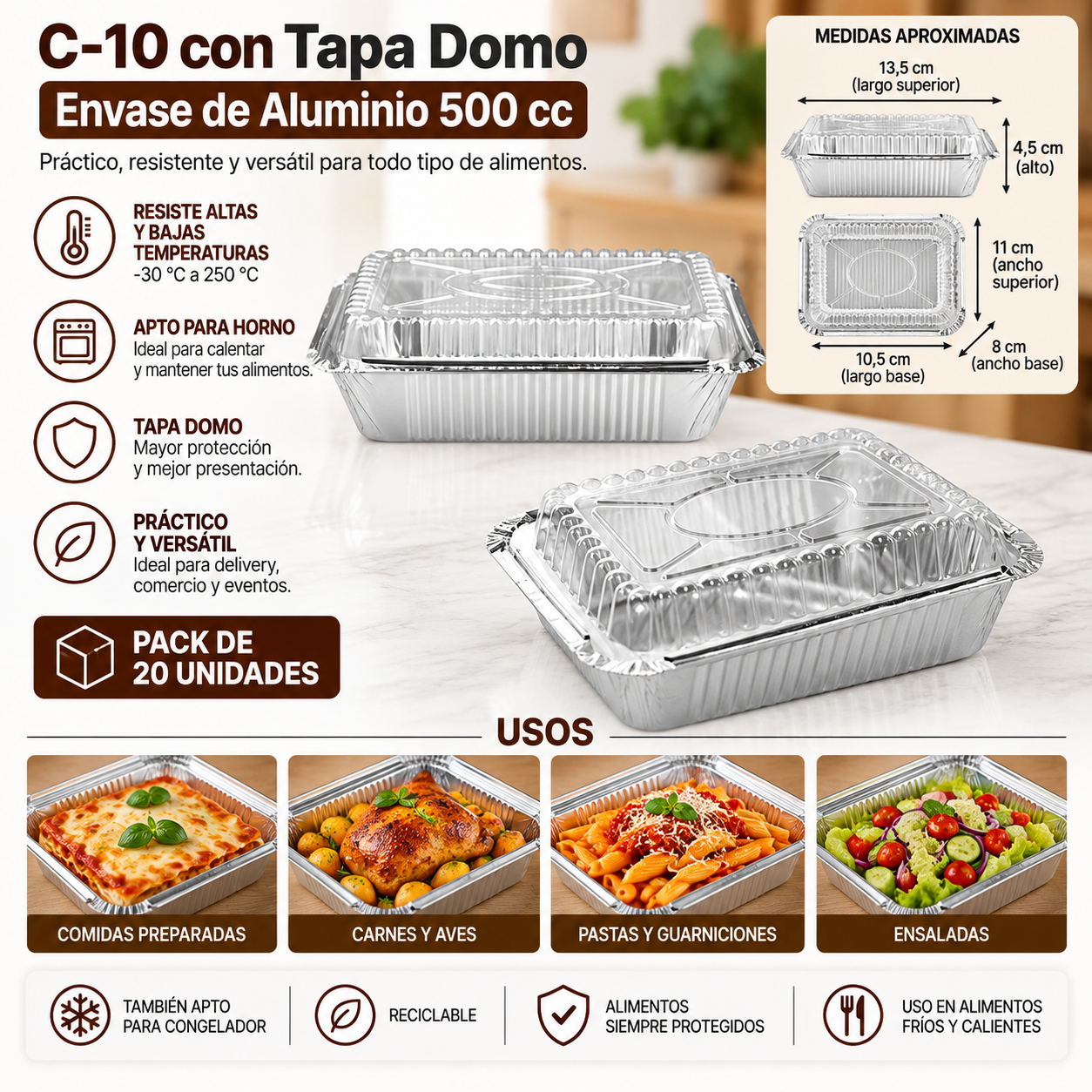 Bandeja / Envase De Aluminio C-10l C/tapa Domo (20 Unidades) 2