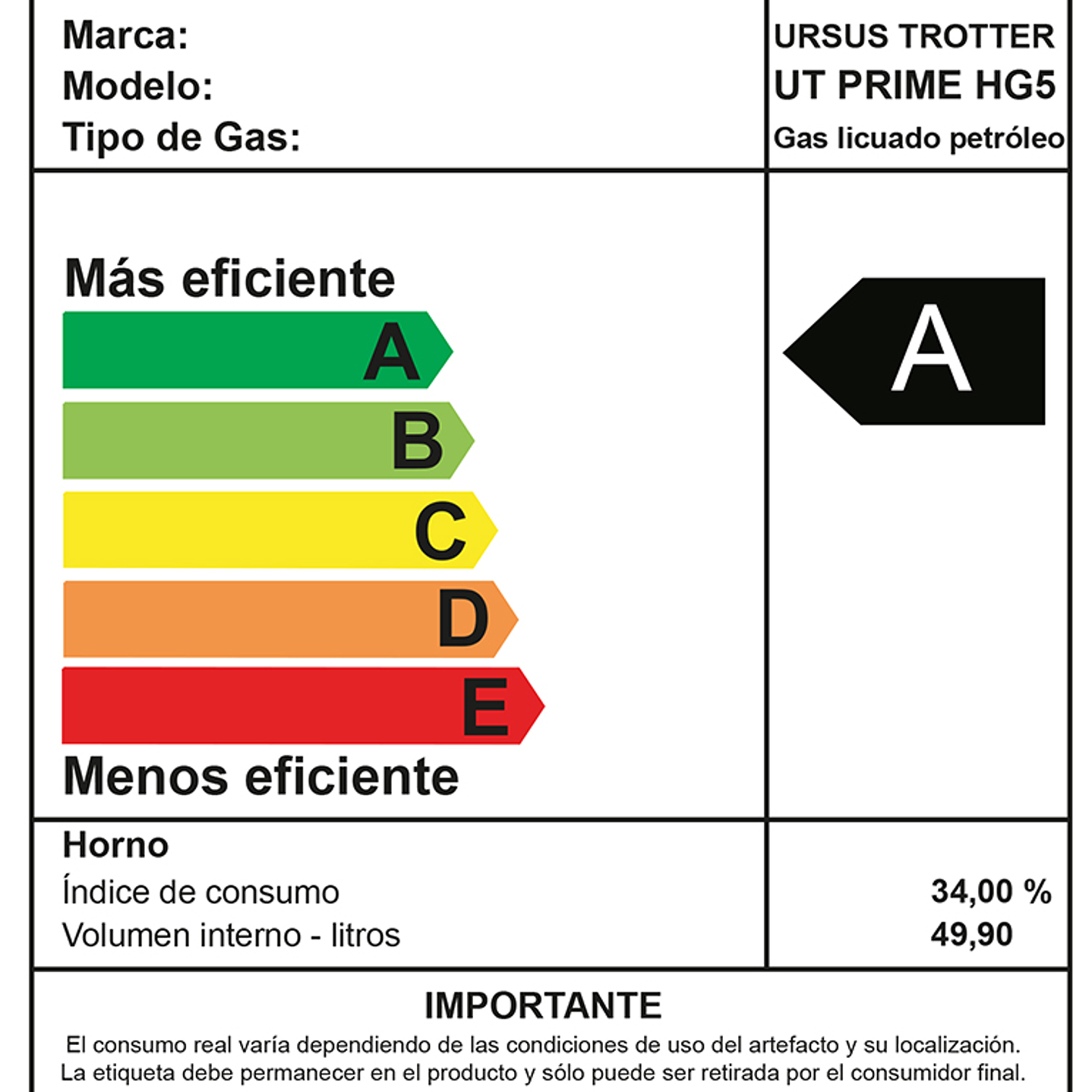 Horno Gas UT Prime HG5 / Gas Licuado 5