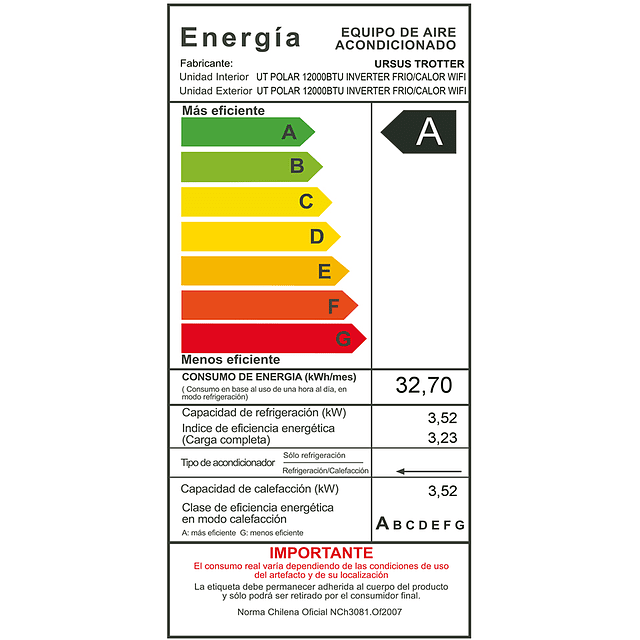 Equipo A/C Split UT POLAR 12.000BTU INV. WIFI 
