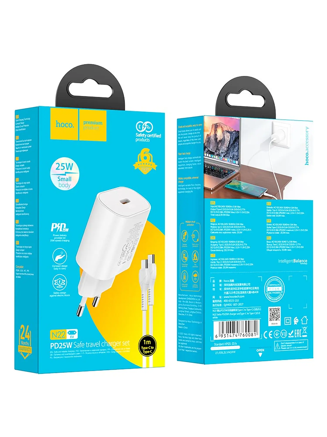 Cargador Rapido N22 Pd25w Cable Tipo C A Tipo C Blanco (Para iPhone, Samsung, Xiaomi) Certificado 3