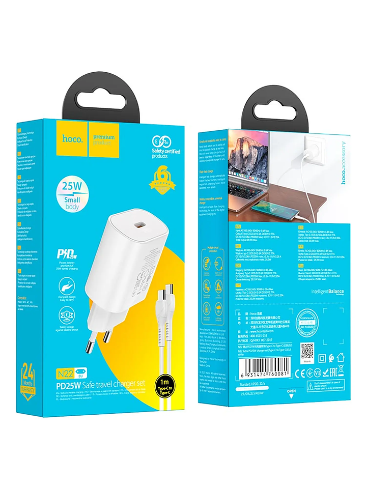 Cargador Rapido N22 Pd25w Cable Tipo C A Tipo C Blanco (Para iPhone, Samsung, Xiaomi) Certificado 3