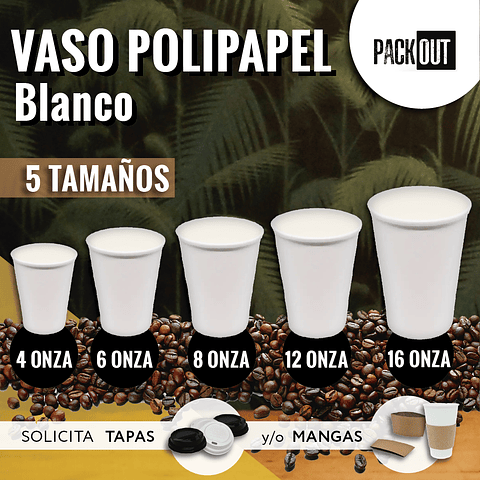 PACK OFERTA X MAYOR!!!   Vaso Café Polipapel Blanco con Tapa + Manga