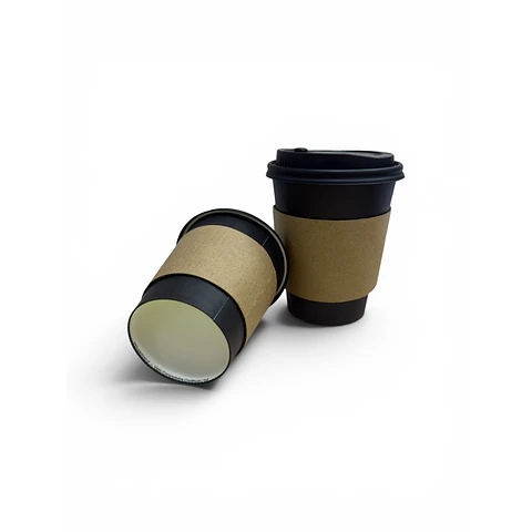 Vaso Café Negro Compostable + Tapa Compostable + Manga