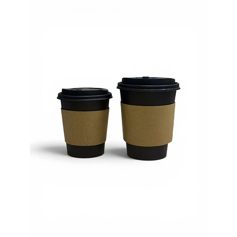 Vaso Café Negro Compostable + Tapa Compostable + Manga