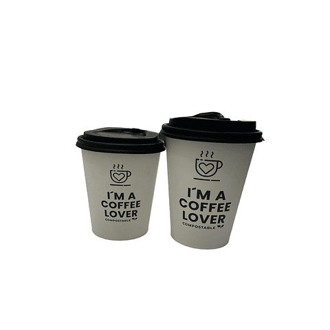 Vaso Café Compostable Coffe Lover  + Tapa Compostable PLA  100 Unidades