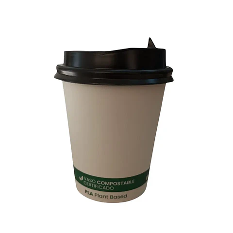 Vaso Café Compostable  + Tapa Compostable PLA  