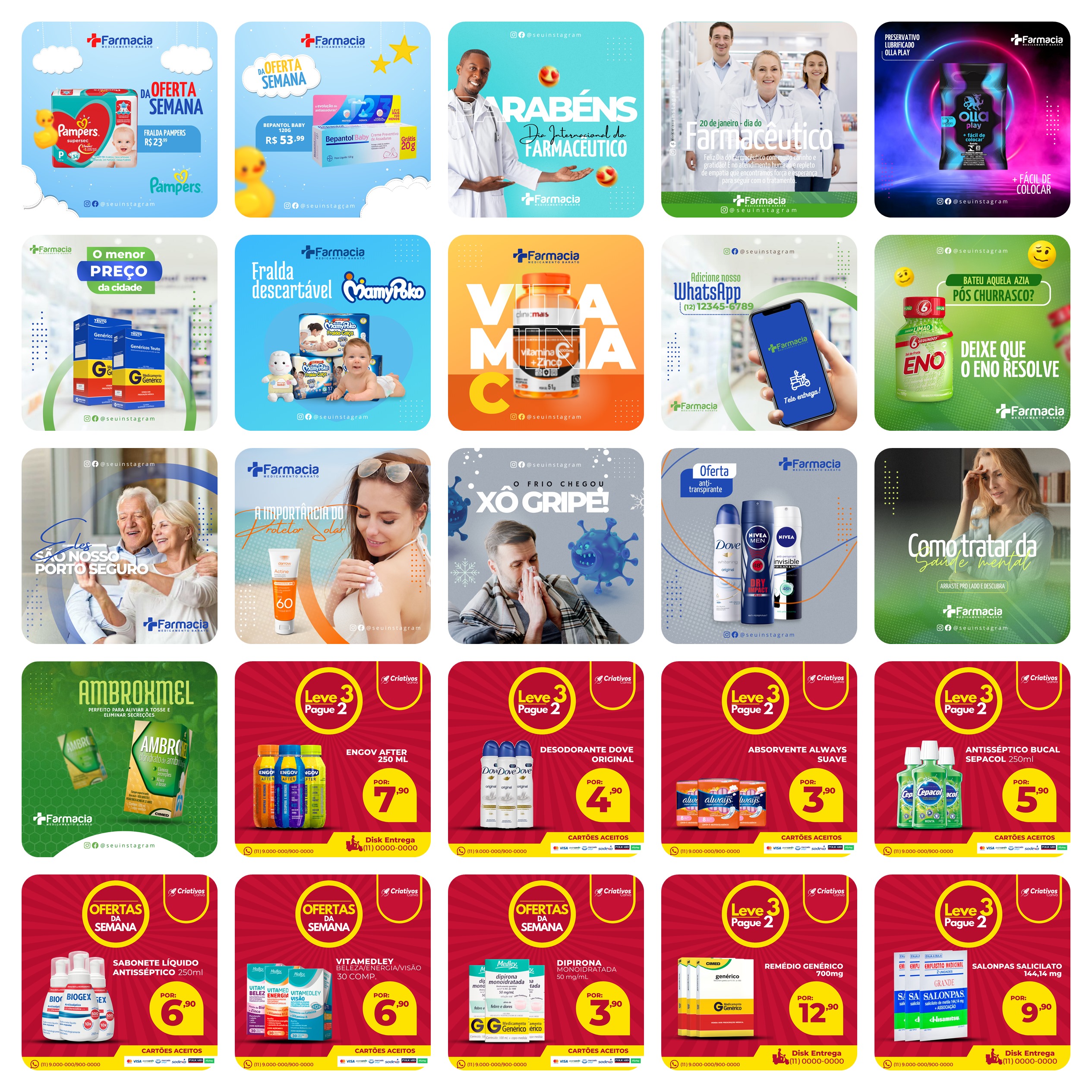 Pack Canva Farmacia Drogaria Templates Editáveis 50 Artes + Bônus 2
