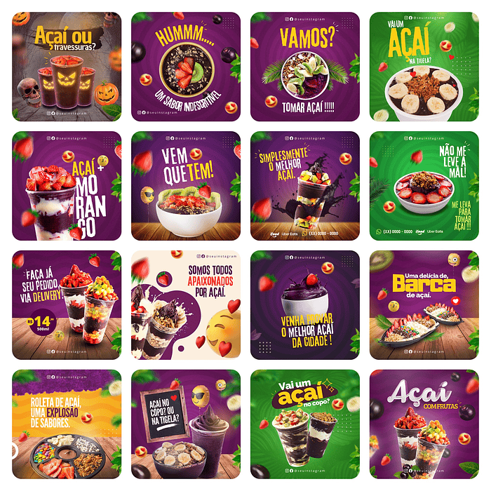 Pack Canva Açaí Templates Editáveis 65 Artes + Bônus