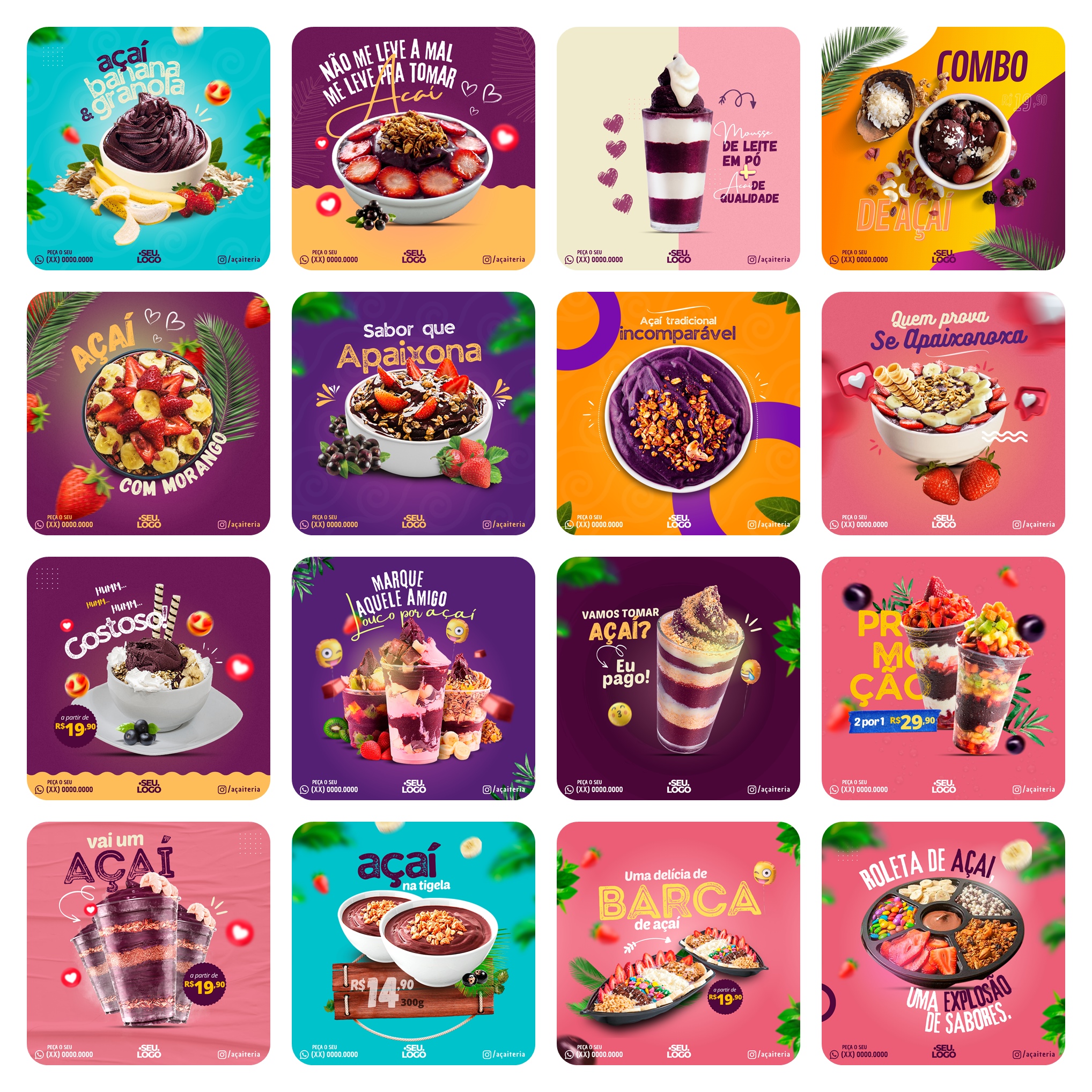 Pack Canva Açaí Templates Editáveis 65 Artes + Bônus 4