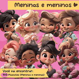 Kit Digital Mascotes Infantis Meninos e Meninas 3D em Png 