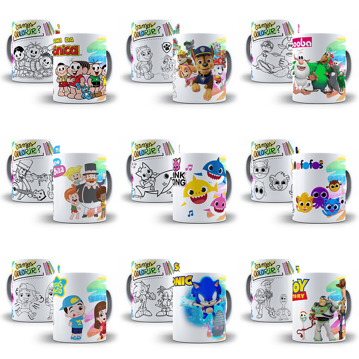 10  Artes Caneca Dia das Crianças Personagens para Colorir  Sublimação Arquivos em Corel Draw