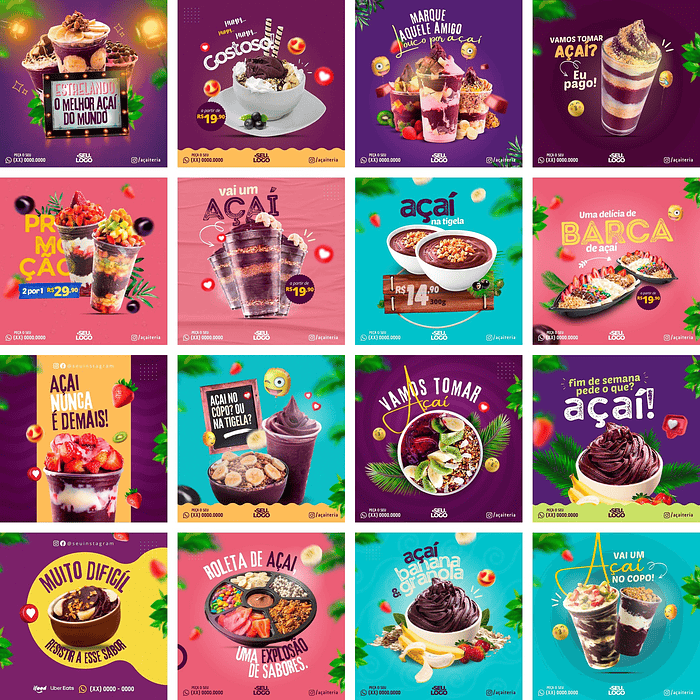 Pack Canva Açaí Templates Editáveis 32 Artes + Bônus