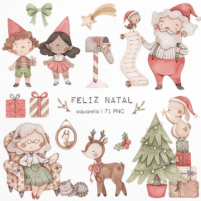 Kit Digital Feliz Natal Aquarelado sem fundo Png