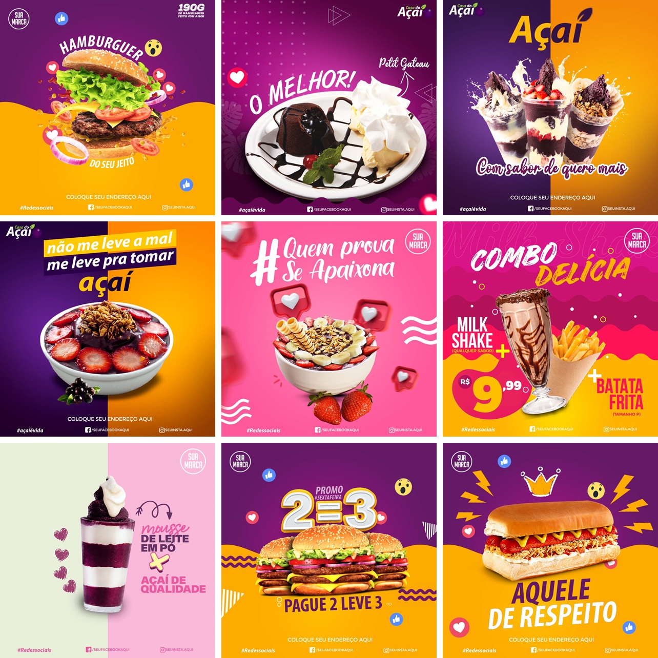 Mini Pack Artes Mídias Sociais Pizzaria, Açai e Lanches Editáveis Photoshop 1