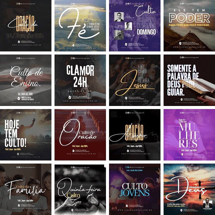 Pack Canva Gospel Cultos Louvor Templates Editáveis 40 Artes + Bônus