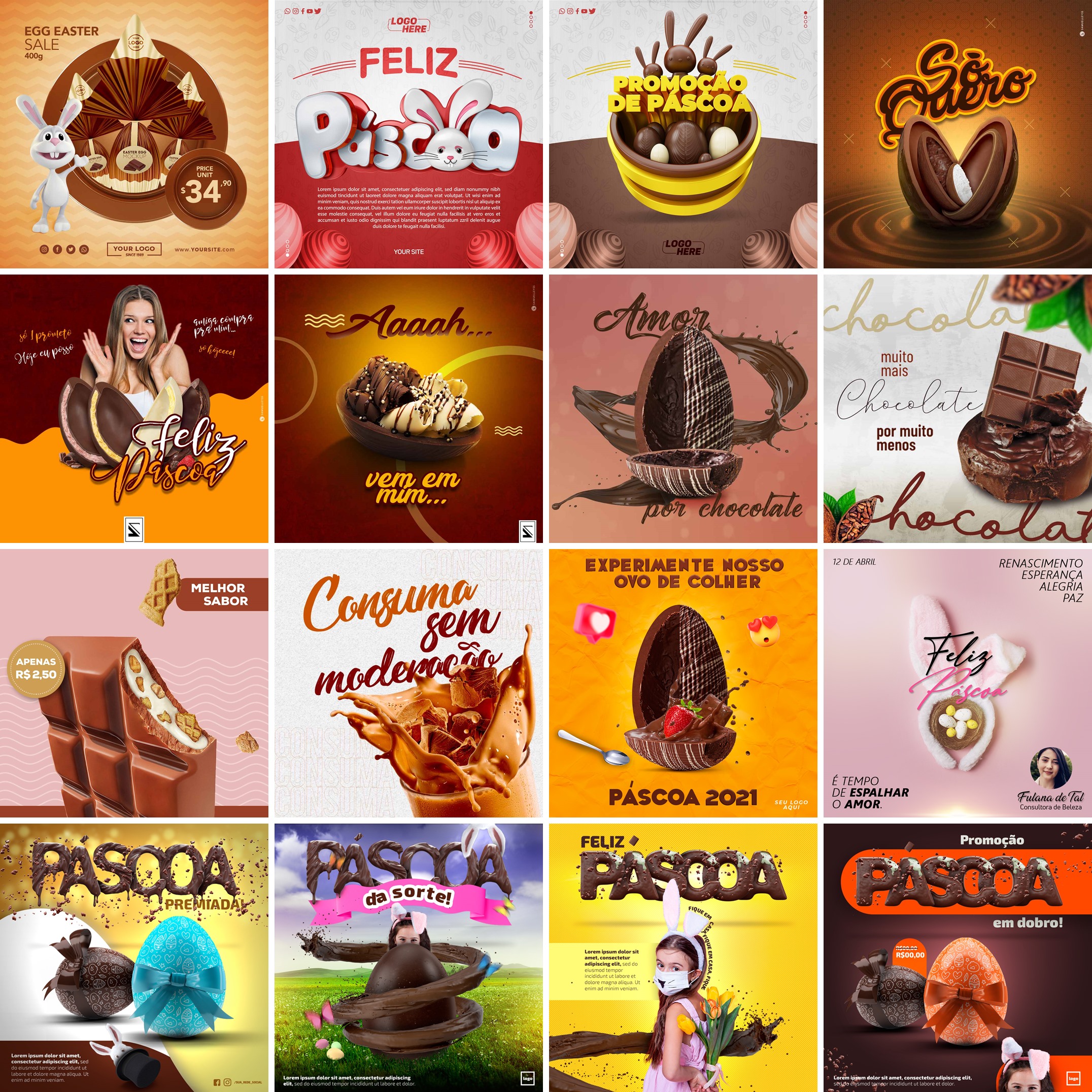 90 Artes Mídias Sociais Pascoa Editáveis Photoshop + Png 3