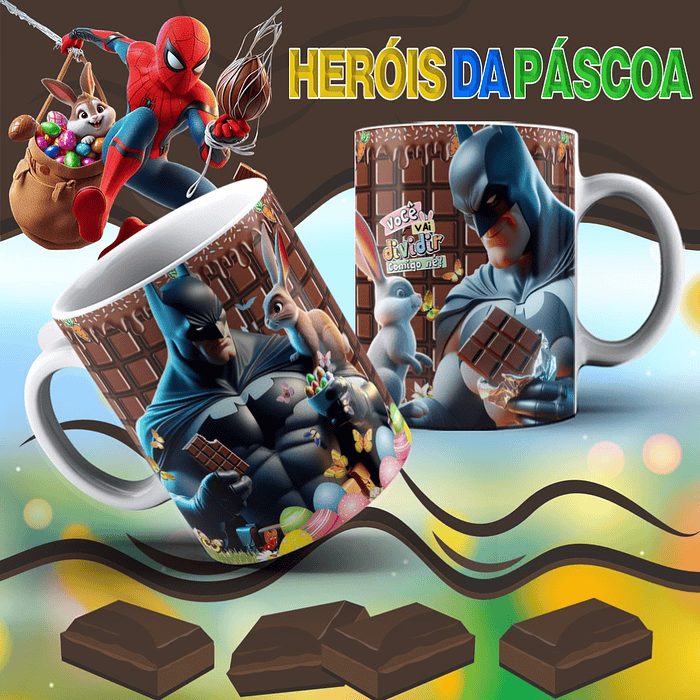 12 Arte para Caneca Páscoa Super Heróis Arquivo Editável