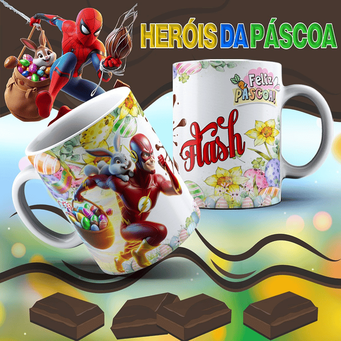 12 Arte para Caneca Páscoa Super Heróis Arquivo Editável