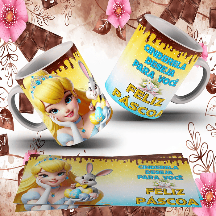 13 Arte para Caneca Páscoa Princesas da Disney Arquivo Editável 