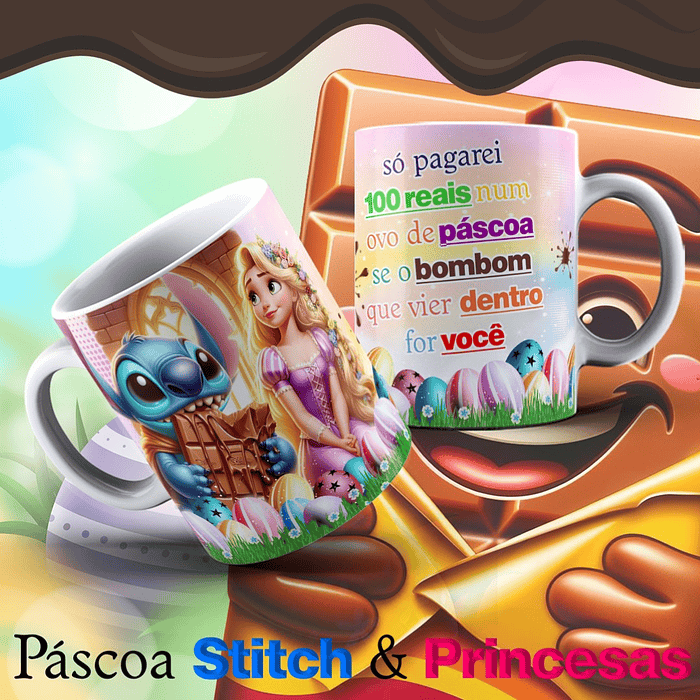 13 Arte para Caneca Páscoa Princesas e Stitch Arquivo Editável  