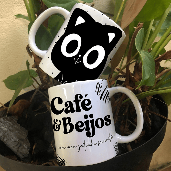 2 Artes para Caneca Café e Beijos Gatinhos Arquivo Editável