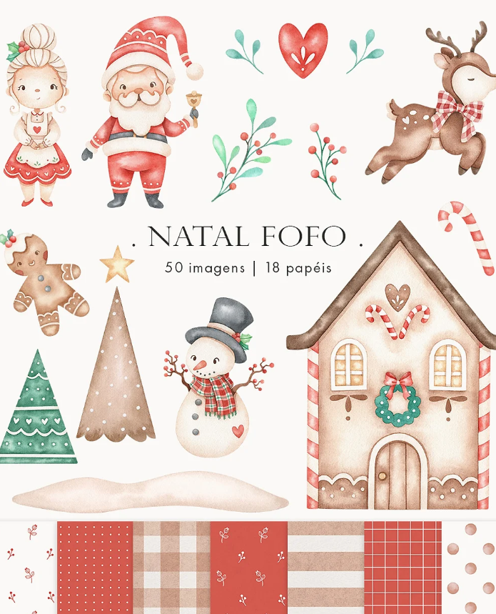 Kit Digital Natal Fofo Papai Noel Aquarela em Png  1