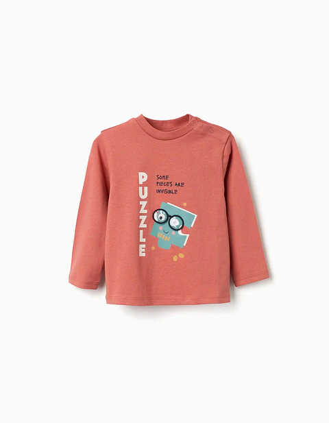T-shirt de manga comprida com estampado Puzzle para bebé menino, terracota