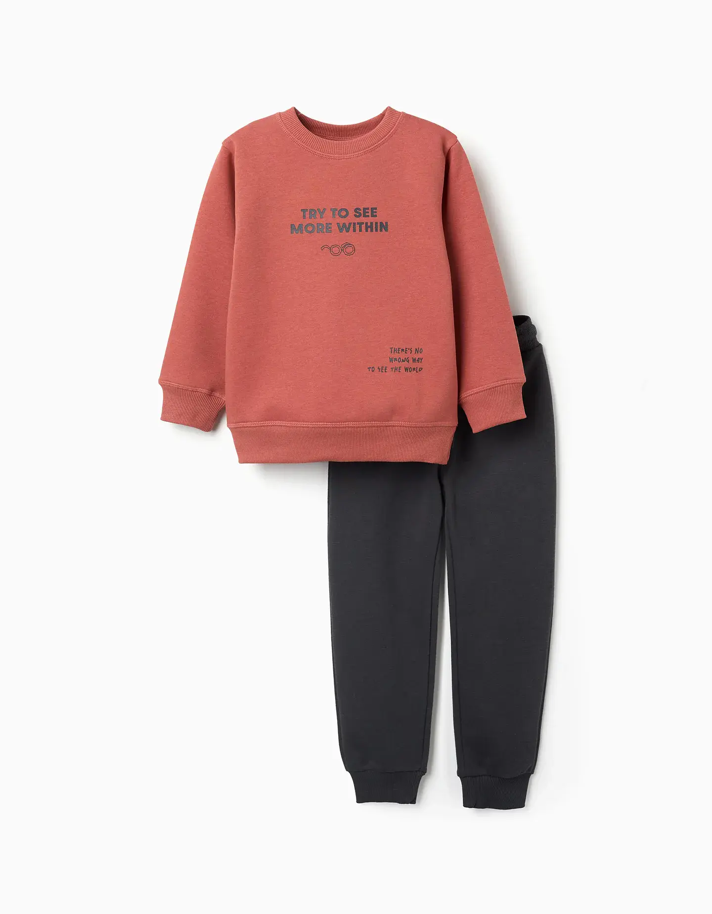 Fato de treino cardado com estampado para menino, terracota/cinza 1