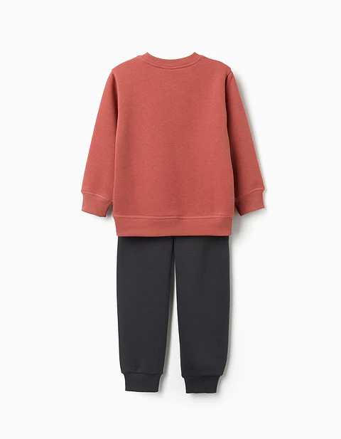 Fato de treino cardado com estampado para menino, terracota/cinza
