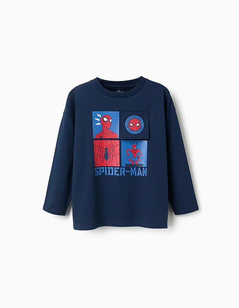 T-shirt de manga comprida de algodão Spider-Man para menino, azul-marinho