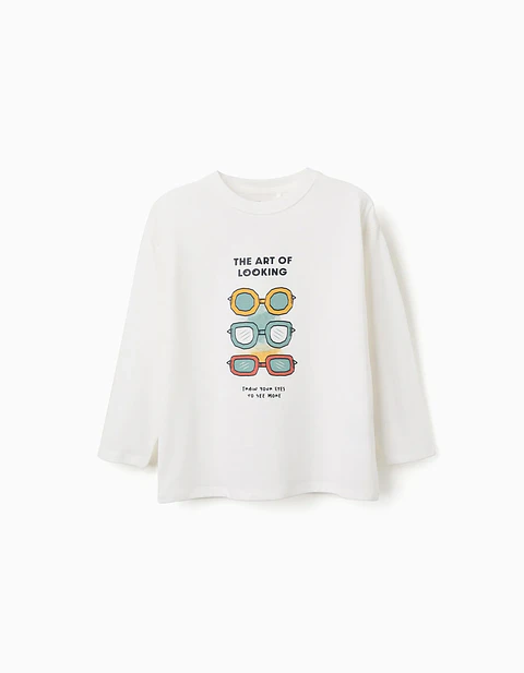 T-shirt de manga comprida com estampado Art of Looking para menino, branco