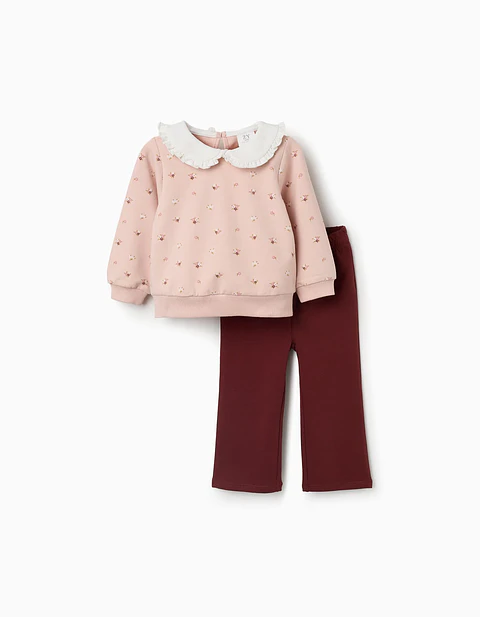 Sweat e calças de algodão para bebé menina, rosa-claro/castanho