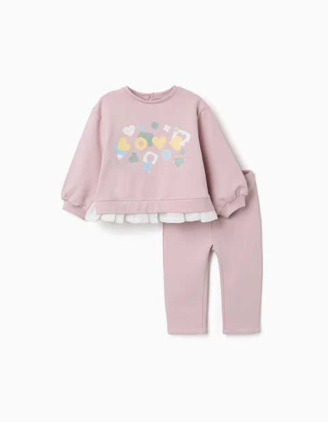 Fato de treino cardado com corações e bolinhas para bebé menina, lilás