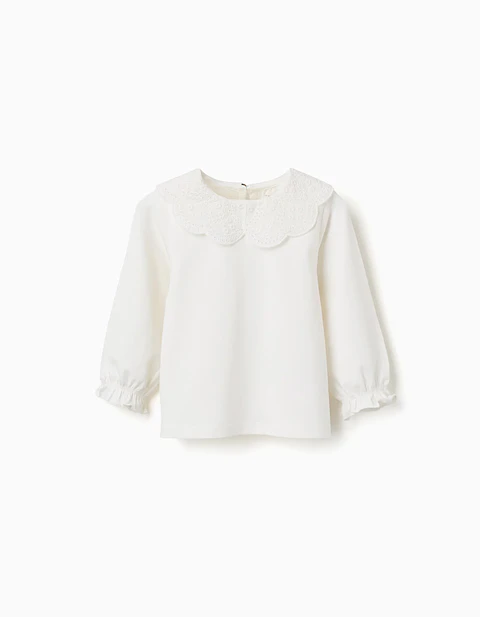 T-shirt de manga comprida com bordado inglês para bebé menina, branco