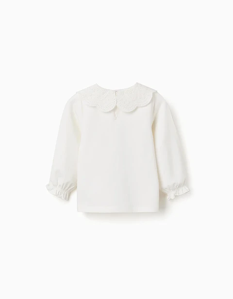 T-shirt de manga comprida com bordado inglês para bebé menina, branco