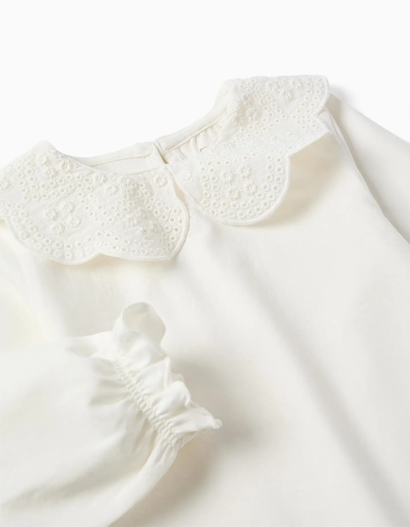 T-shirt de manga comprida com bordado inglês para bebé menina, branco 3