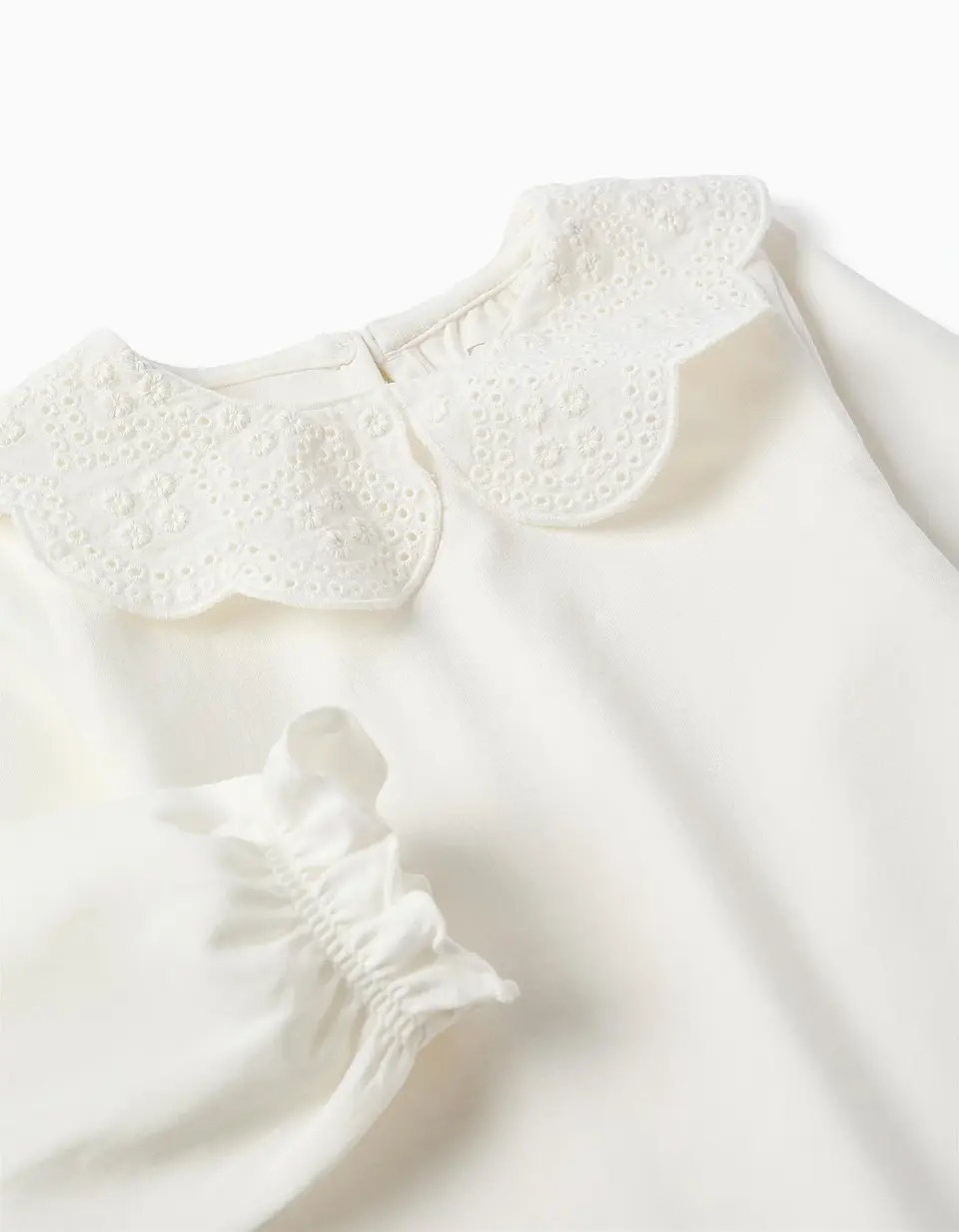 T-shirt de manga comprida com bordado inglês para bebé menina, branco 3