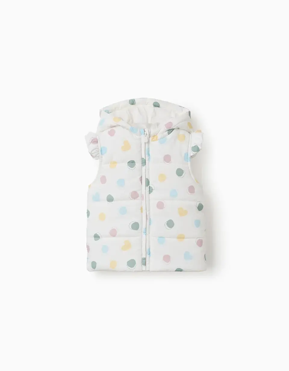 Colete acolchoado com capuz e padrão de bolinhas para bebé menina, branco 1