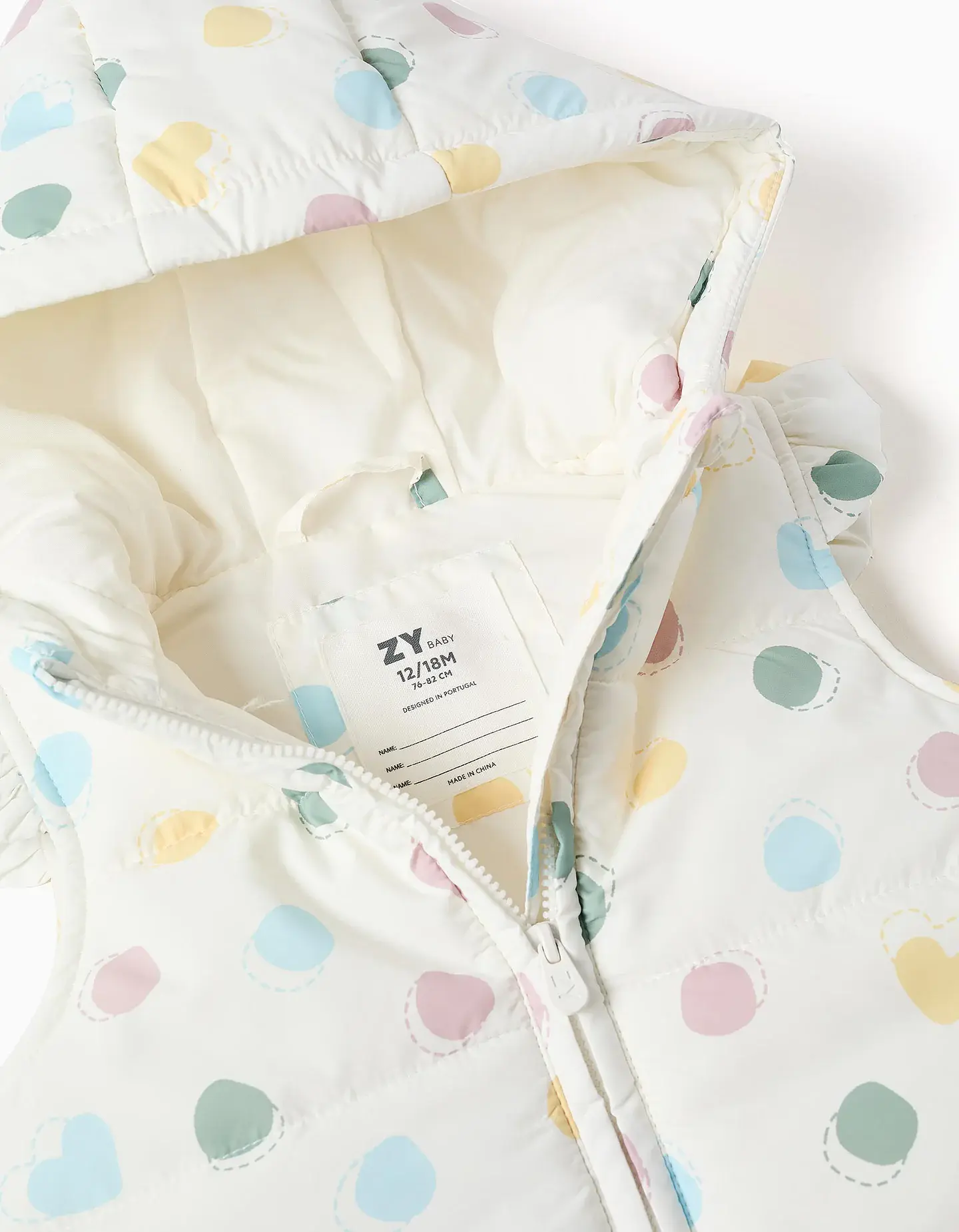 Colete acolchoado com capuz e padrão de bolinhas para bebé menina, branco 3